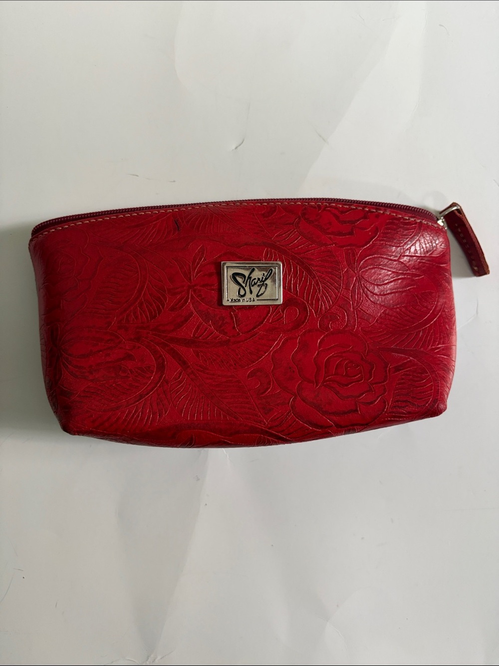 Sharif Red leather and denim Embossed Rose Cosmetic Pouch